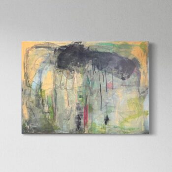 Abstraktes Gemälde mit grünen und gelben Linien und sanften Farbübergängen, die organische Formen und Bewegung zeigen.