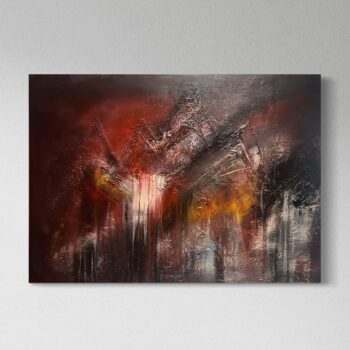 Abstraktes Gemälde mit dominanten Rot- und Schwarztönen, strukturierte Oberfläche mit leuchtenden gelben Akzenten, 70x100 cm auf Leinwand.