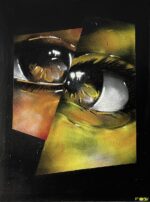 Abstraktes Porträt mit zerschnittenen Farbflächen in Gelb-, Braun- und Schwarztönen, Spraypaint auf Leinwand, 120 × 90 cm.