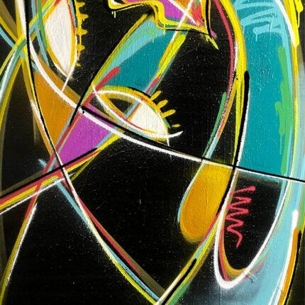 Abstraktes Gemälde auf schwarzem Hintergrund mit dynamischen Linien und Formen in Türkis, Gelb, Weiß, Rosa und Gold; stilisierte Gesichtszüge in moderner Street-Art-Ästhetik, signiert mit „FOSI“.