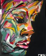 Abstraktes Porträt in kräftigen Farben, gesprayt auf Leinwand (120 × 100 cm); zeigt ein zersplittertes, vielschichtiges Gesicht im expressiven Stil. 