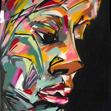 Abstraktes Porträt in kräftigen Farben, gesprayt auf Leinwand (120 × 100 cm); zeigt ein zersplittertes, vielschichtiges Gesicht im expressiven Stil. 