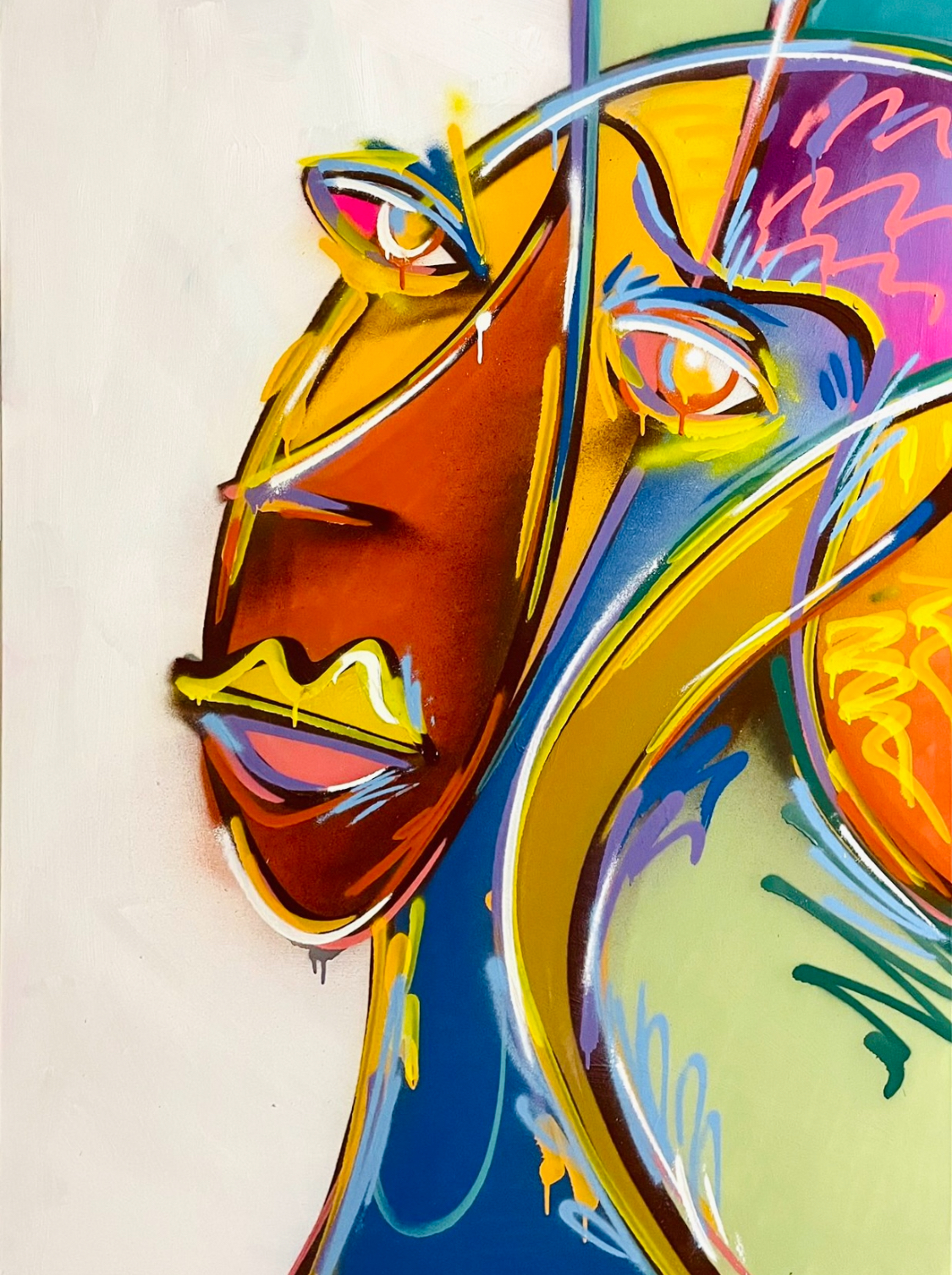 Storylines Abstraktes Gesichts-Porträt mit klaren Konturen in Pink, Gelb und Türkis; ineinanderlaufende Linien symbolisieren Erinnerungen und Lebensspuren.