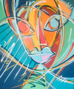 Abstraktes Porträt in leuchtenden Gelb-, Türkis- und Orangetönen; Linien wirken wie Fesseln und Bewegung zugleich, inspiriert von der Figur Andromeda aus der griechischen Mythologie.