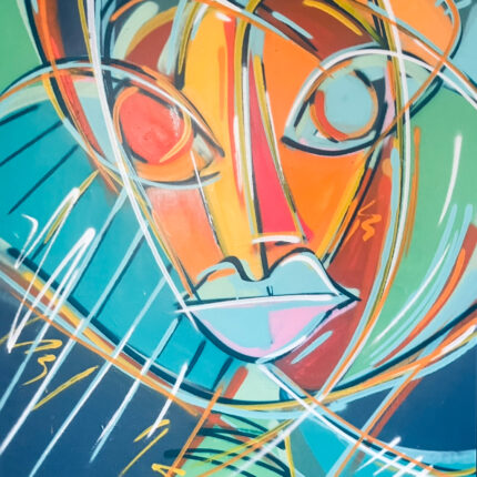 Abstraktes Porträt in leuchtenden Gelb-, Türkis- und Orangetönen; Linien wirken wie Fesseln und Bewegung zugleich, inspiriert von der Figur Andromeda aus der griechischen Mythologie.