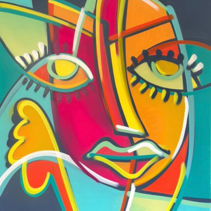 Abstraktes Gesichts-Porträt mit klaren Konturen in Pink, Gelb und Türkis; ineinanderlaufende Linien symbolisieren Erinnerungen und Lebensspuren.