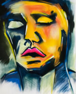 Abstraktes Gesicht mit geschlossenen Augen in warmen Gelb- und Blautönen; symbolisiert Innenschau, Verletzlichkeit und stille Selbstreflexion.