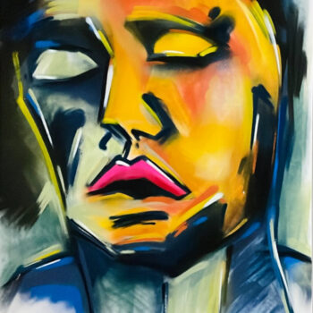 Abstraktes Gesicht mit geschlossenen Augen in warmen Gelb- und Blautönen; symbolisiert Innenschau, Verletzlichkeit und stille Selbstreflexion.