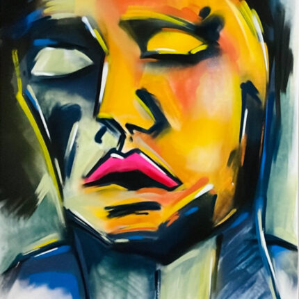 Abstraktes Gesicht mit geschlossenen Augen in warmen Gelb- und Blautönen; symbolisiert Innenschau, Verletzlichkeit und stille Selbstreflexion.