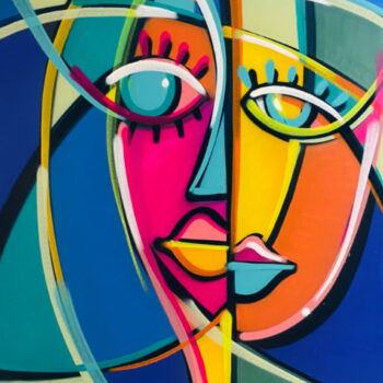 Farbintensives abstraktes Porträt mit zwei Gesichtern in Pink, Türkis und Orange; steht für Dualität, Polarität und den inneren Tanz zwischen Gegensätzen.