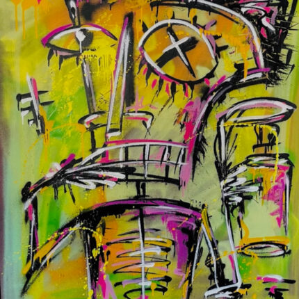 Expressives, basquiat-inspiriertes Gesicht in grellen Gelb-, Pink- und Schwarztönen; verzerrte Linien und tropfende Farben symbolisieren Angst, Druck und innere Zersplitterung.