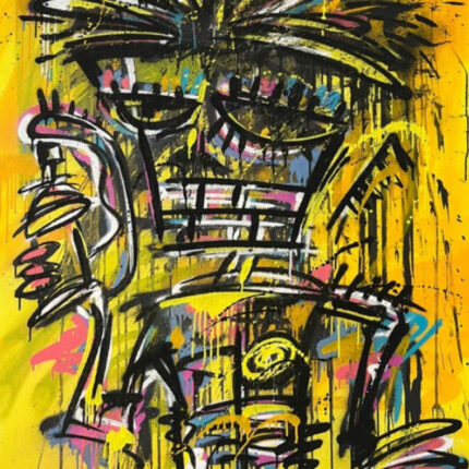Expressives, basquiat-inspiriertes Gesicht in grellen Gelb-, Pink- und Schwarztönen; verzerrte Linien und tropfende Farben symbolisieren Angst, Druck und innere Zersplitterung.