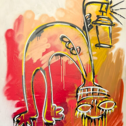 Umgedrehte, stilisierte Figur in Gelb-, Rot- und Schwarztönen, die aus einer Farbwelle herausragt; symbolisiert Perspektivwechsel, Irritation und bewusstes Brechen von Konventionen.