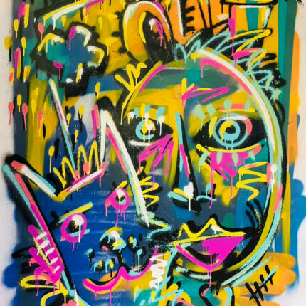 Expressives, farbintensives Graffiti-Porträt mit überlagerten Linien und tropfenden Farben, das inneres Chaos und gleichzeitig bestehende Gefühle und Gedanken visualisiert.