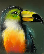 Realistisches Vogelporträt mit gelbem Schnabel und dunklem Hintergrund,