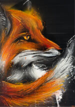 Realistisches Fuchs-Porträt mit intensiven Orangetönen, Spraypaint auf Leinwand (140 × 100 cm).