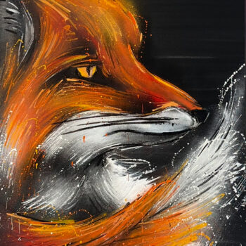 Realistisches Fuchs-Porträt mit intensiven Orangetönen, Spraypaint auf Leinwand (140 × 100 cm).