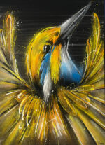 Gold-gelber Vogel in dynamischer Bewegung, Spraypaint auf Leinwand (140 × 100 cm).