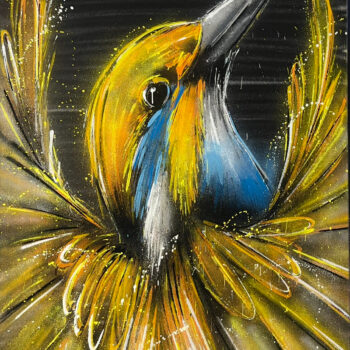 Gold-gelber Vogel in dynamischer Bewegung, Spraypaint auf Leinwand (140 × 100 cm).