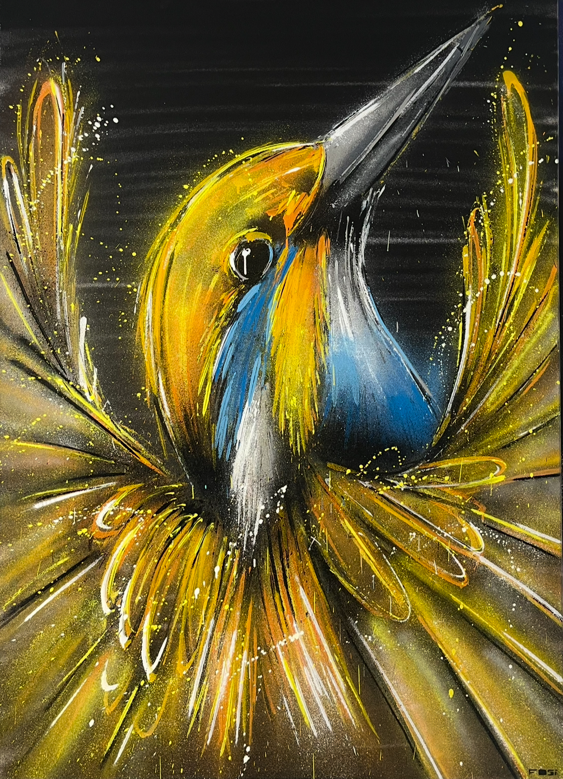 IMG_3686 Gold-gelber Vogel in dynamischer Bewegung, Spraypaint auf Leinwand (140 × 100 cm).