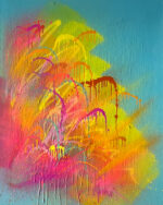 Abstraktes Farbspiel in Pink- und Blautönen, Spraypaint auf Leinwand (100 × 80 cm).