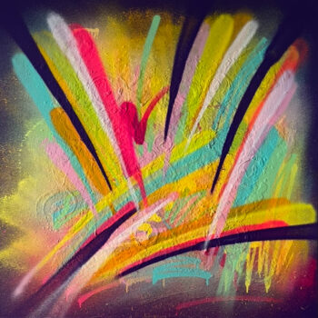 Abstraktes Gemälde mit strahlenden Neonfarben, Spraypaint auf Leinwand (100 × 100 cm).