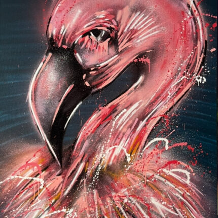 Flamingo in Rosa- und Rottönen, leicht abstrahiert.