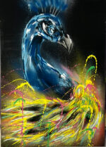 Abstraktes Tiermotiv mit leuchtenden Farben und energetischen Linien, Spraypaint auf Leinwand (140 × 100 cm).