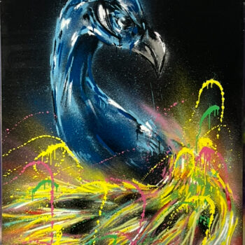 Abstraktes Tiermotiv mit leuchtenden Farben und energetischen Linien, Spraypaint auf Leinwand (140 × 100 cm).