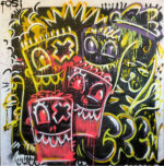 Buntes, expressives Graffiti-Gemälde mit mehreren überlappenden, abstrahierten Gesichtern und dichten Linien, die den hektischen Charakter des urbanen Stadtlebens darstellen.