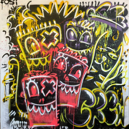 Buntes, expressives Graffiti-Gemälde mit mehreren überlappenden, abstrahierten Gesichtern und dichten Linien, die den hektischen Charakter des urbanen Stadtlebens darstellen.