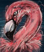 Flamingo in Pinktönen auf dunklem Hintergrund, Spraypaint auf Leinwand (120 × 100 cm).