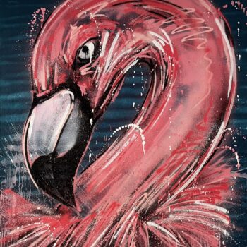 Flamingo in Pinktönen auf dunklem Hintergrund, Spraypaint auf Leinwand (120 × 100 cm).