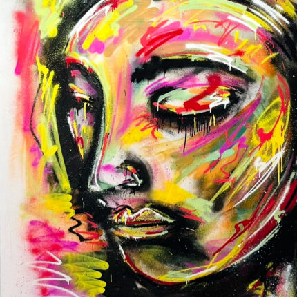 Expressionistisches Gemälde mit abstrahiertem Gesicht in leuchtenden, kontrastreichen Farben. Die Darstellung wirkt zerrissen und gleichzeitig würdevoll. Das Werk thematisiert emotionale Brüche und den inneren Prozess des Wiederaufstehens nach dem Scheitern. Titel: Why do we fall.