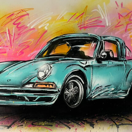 Auto-Motiv in Türkis- und Rosatönen, Spraypaint auf Leinwand (100 × 140 cm).