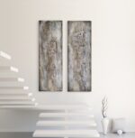 Abstraktes Kunstwerk "Spuren"- erdige und feinstoffliche Malerei inspiriert von Natur in sanften Braun-, Grau-, Beige- und Weißtönen mit zarten Gelb- und Blaunuancen. Ausdruck von Werden und Vergehen, Licht und Schatten. zeitgenössische Naturkunst .