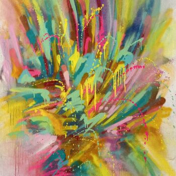 Abstraktes Spraypaint-Gemälde in leuchtenden Rosa-, Gelb- und Grüntönen, wellenförmige Struktur, 180 × 100 cm.