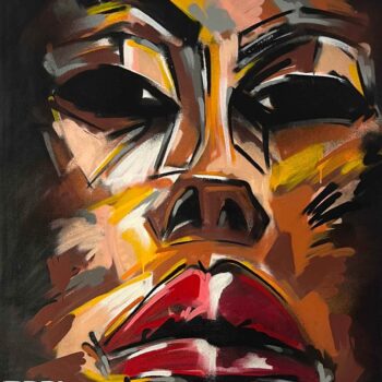 Abstraktes Gesichts-Porträt in warmen Braun- und Rosatönen, Spraypaint auf Leinwand, 120 × 100 cm – Darstellung zwischen Traum und Realität.