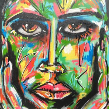 Abstraktes Porträt mit intensivem Blick, bunte Spraypaint-Farbstrukturen auf Leinwand (100 × 80 cm).
