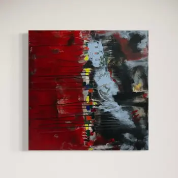 Abstraktes Acrylgemälde „City Pulse“ von Olga Walter, 61×61 cm. Leuchtende Farbimpulse brechen durch kräftiges Rot und Schwarz, begleitet von strukturierten Flächen und bewegten Linien. Das Werk spiegelt die pulsierende Energie urbaner Nächte – lebendig, kontrastreich, rhythmisch.