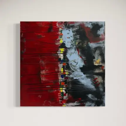 Abstraktes Acrylgemälde „City Pulse“ von Olga Walter, 61×61 cm. Leuchtende Farbimpulse brechen durch kräftiges Rot und Schwarz, begleitet von strukturierten Flächen und bewegten Linien. Das Werk spiegelt die pulsierende Energie urbaner Nächte – lebendig, kontrastreich, rhythmisch.