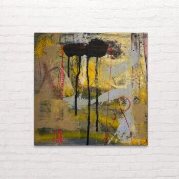 Großformatiges abstraktes Gemälde „Dawn of Remnants“ von Olga Walter, 150×150 cm. Gelbe, weiße und erdige Flächen treffen auf markante schwarze Tropfspuren und rote Akzente. Raue Strukturen und überlagerte Formen erzeugen eine urbane, vielschichtige Atmosphäre – ein Werk zwischen Licht, Fragment und Bewegung.